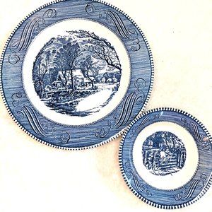 Vintage Currier & Ives Old Grist Mill Plate & Children on Fence Bowl Bundle